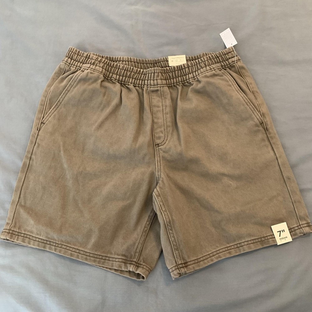 Denim Shorts Mens Medium Brown Wash Elastic Waist 7 Inseam Pockets Casual NWT